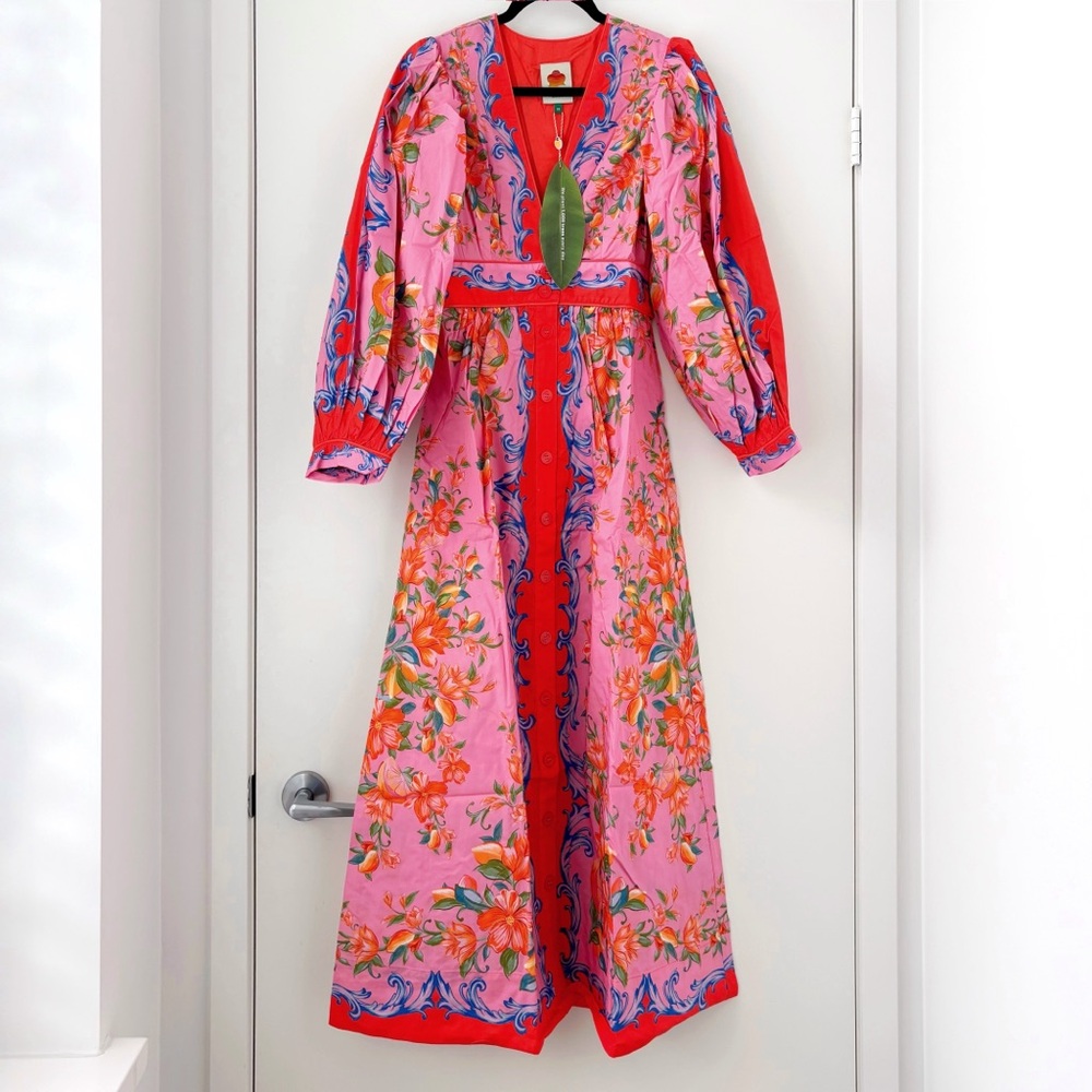 NWT Farm Rio Sicily Flowers Orange Printed Cotton Maxi Dress XS - Picture 4 of 16